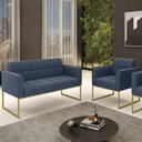 Ver imagem 2 de Sofá Namoradeira e 1 Poltrona Base Industrial Dourado Ana Suede Azul Marinho - Ibiza