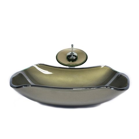 CUBA DE VIDRO ABAULADA 45CM OURO ENVELHECIDO + VALVULA + TORNEIRA CASCATA