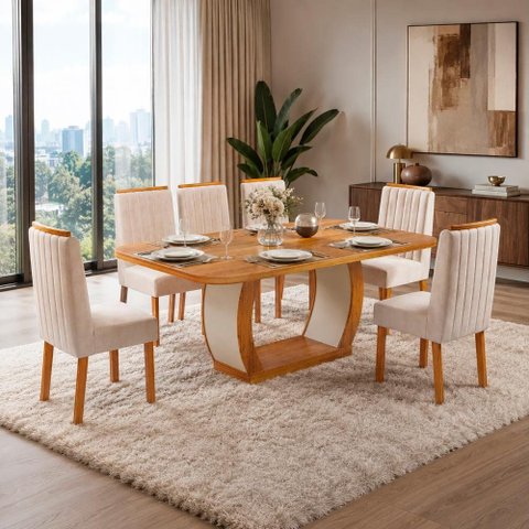 Sala de Jantar 180x90 Olimpia 6 Cadeiras Bom Pastor Naturale/Nogal BP Veludo Bege