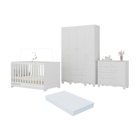 Quarto de Bebê Completo Berço Americano 3 em 1 Colchão Dengo Multimóveis Mp4600 Branco