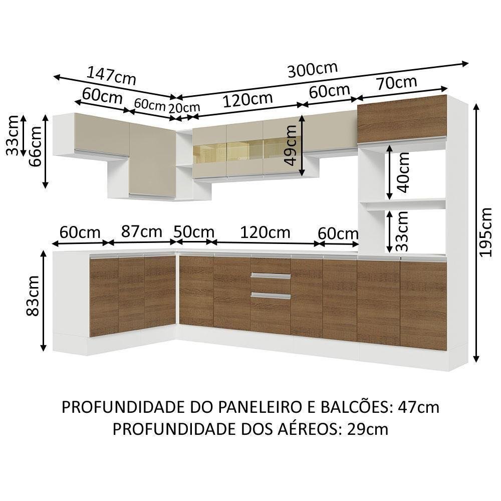 Armário de Cozinha Completa de Canto 100% MDF 448cm Branco/Rustic