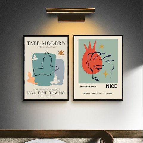 Kit 2 Quadros Posters Arte Moderna - Galeria 24x18cm - com Vidro:moldura Branca