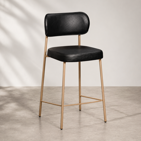 Banqueta Cozinha Alta Industrial Aço com Encosto Dourado 98cm Camila PU Preto
