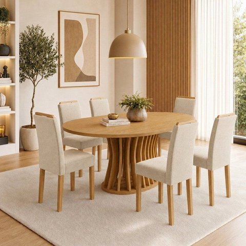 Conjunto de Sala de Jantar 6 Lugares com Mesa Orgânica MDF 180x90cm Cinamomo