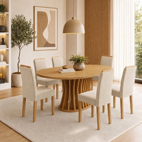Conjunto de Sala de Jantar 6 Lugares com Mesa Orgânica MDF 180x90cm Cinamomo