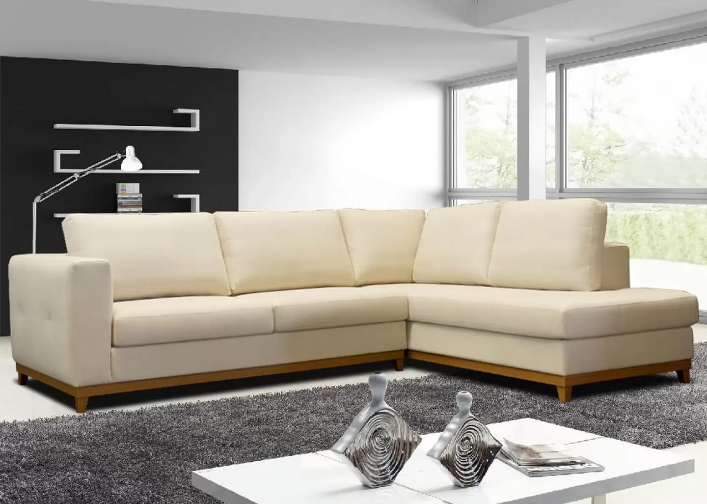 Ver imagem 1 de Sofá 6 Lugares de Canto em L, 2,93m X 2,00m com Base em Mdf, Revestimento em Sarja Bege