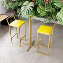Ver imagem 1 de Jogo Mesa Alta Bistrô Redonda Vidro 2 Banquetas Estofado Confort Industrial Dourado Don Castro Decor