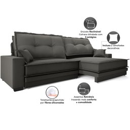Sofá Palermo 2,40m Retrátil e Reclinável Velosuede Cinza - Netsofás - 6