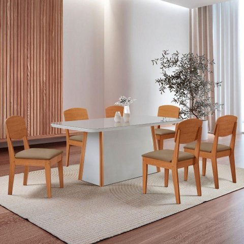 Mesa Diane 180cm Tampo Mdf Vidro Canto Copo com 6 Cadeiras Vel Capuccino /off /naturale /serig Off