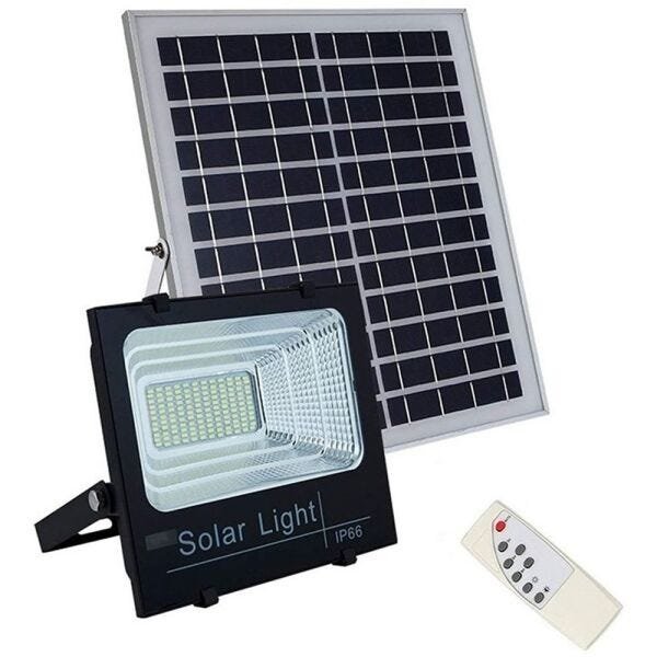 Holofote Refletor Solar 100W Energia Sensor Kit Controle Remoto Led Iluminação Luminária Bateria