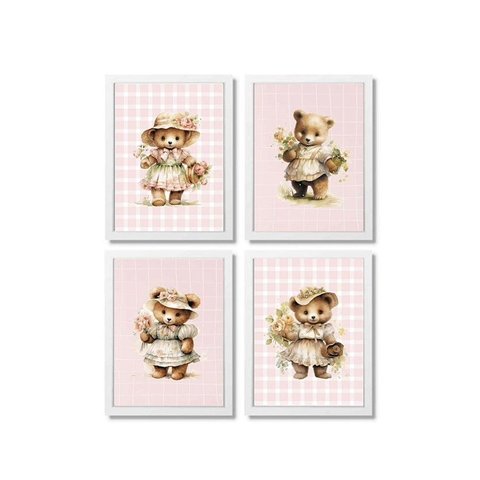 Kit Quadro Ursa Flores Decoração Quarto Bebê Enxoval Menina
