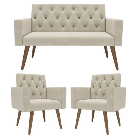 Sofá 2 Lugares + 2 Poltronas Decorativas para Sala, Recepção Bege