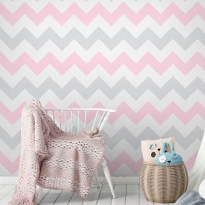 Papel de Parede Adesivo Chevron Rosa e Cinza