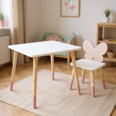 Mesa e Cadeira Infantil Borboletinha Kit Livro Educativo em Madeira - Rosa Bebê