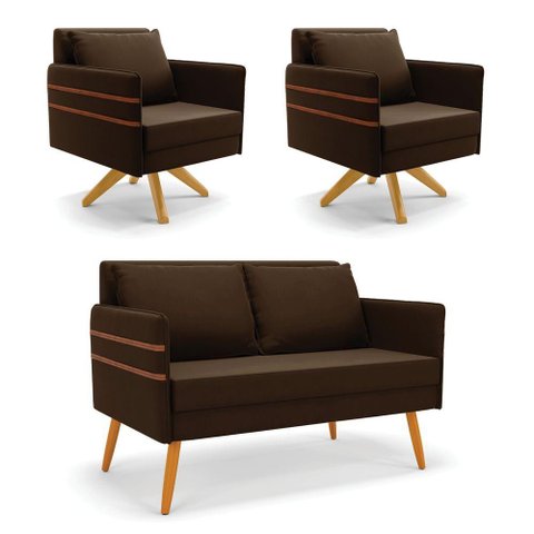 Kit 01 Namoradeira 02 Lugares e 02 Poltronas Mari Suede Marrom Base de Madeira Ma30 - D'Rossi