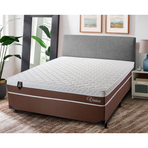 Conjunto Cama Box Casal Venice 138x188x60 Marrom/Branco c/Molas Ensacadas