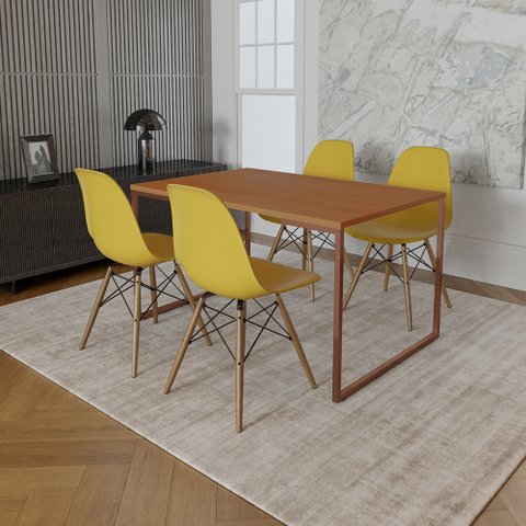 Mesa Industrial Base Ferro Cobre 137x90 Tampo Canela 4 Cadeiras Eiffel Madeira Assento Amarelo