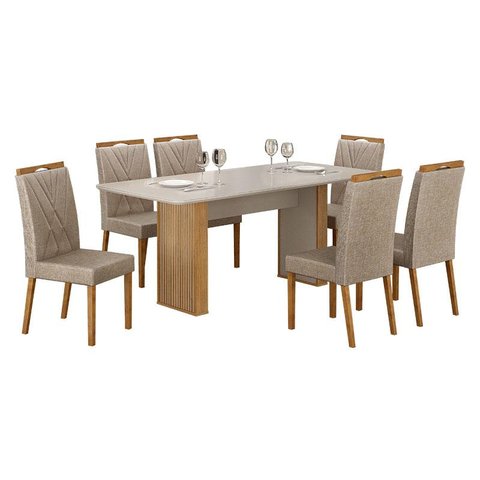 Mesa de Jantar Júlia 180x90cm Cinamomo Off White com 6 Cadeiras Lara Linho Bege - Valdemóveis