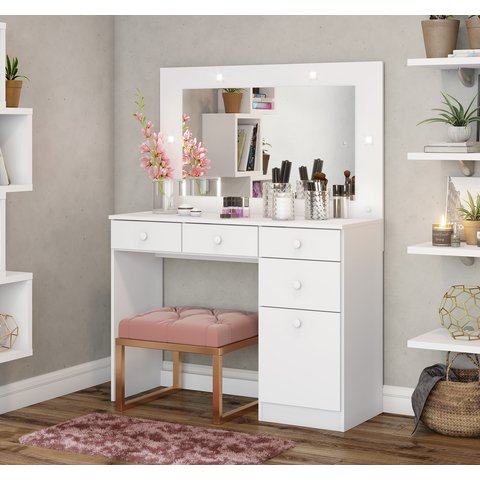 Penteadeira Camarim com Espelho e LED 1 Porta 4 Gavetas Happy Espresso Móveis