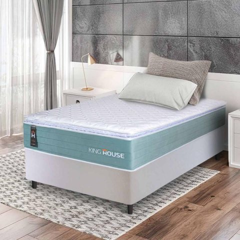 Conjunto Box Branco Lagos Verde Molas Ensacadas Solteiro 88x188x66 - King House
