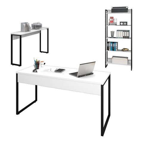 Conjunto Escritório Mesa 150 Aparador Estante Studio Branco