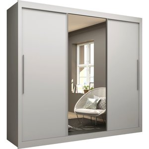Guarda Roupa Casal 3 Portas de Correr com Espelho Grande 4 Gavetas Gelius Royale - Branco Mdf