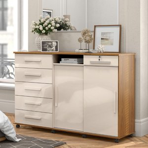 Cômoda Max 2020 Lukaliam 5 Gavetas com Cabideiro - Freijó/off White