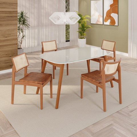 Sala de Jantar Mesa 135x76cm Tampo em MDF com Vidro 4 Cadeiras em Couríssimo Ceci Yescasa Marrom/Mar