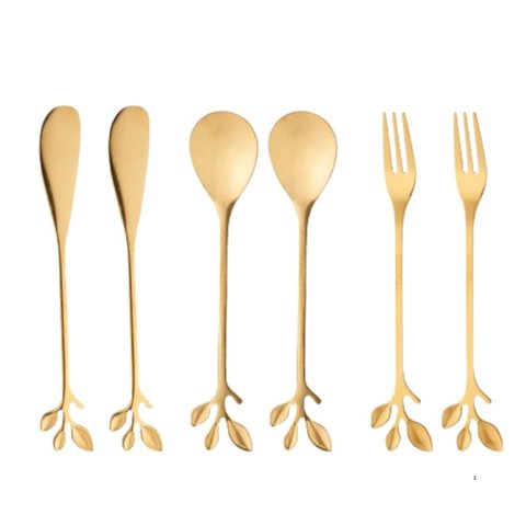 Conjunto 6 Talheres Aço Inox Dourado Leaves