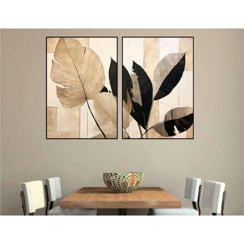 Kit 2 Quadros Decorativos Flores Folhagem 50x70cm sem Vidro Cor:creme