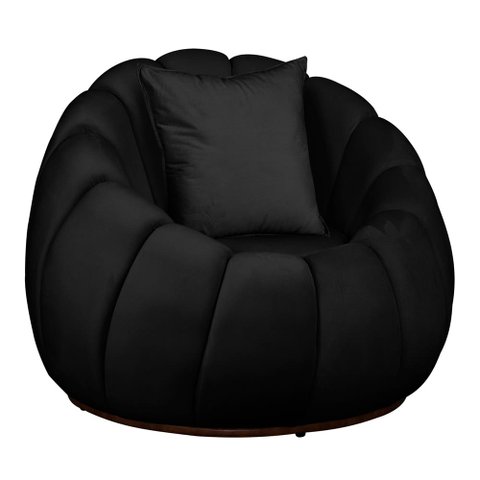 Poltrona Redonda Concha C/ Almofada Base Fixa Veludo Preto - Vallisa Decor