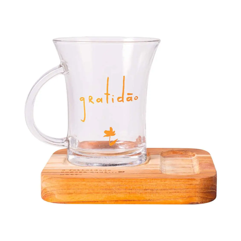 Caneca Naturals Gratidão c/ Base em Madeira Teca 210ml
