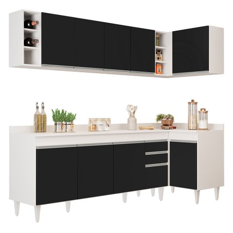 Armário de Cozinha Modulado de Canto Esquerdo 5 Peças Cp53 Balcão com Tampo Branco/preto - Lumil Lum