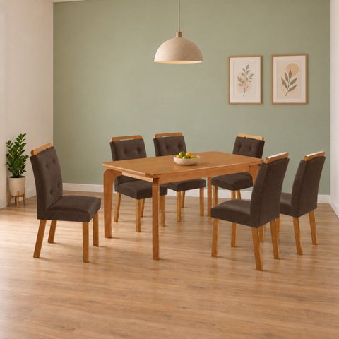 Conjunto de Mesa de Jantar Dublin 180 Tp MDF Laminado Canto Copo 6 Cadeiras Valentina