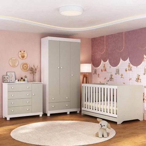 Quarto de Bebê Completo com Berço Americano 3 em 1 Allegra Multimóveis Mp4590 Branco/off White