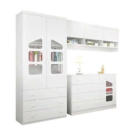 Jogo de Quarto Infantil Algodão Doce MDF Armário Aéreo + Roupeiro + Cômoda Sapateira
