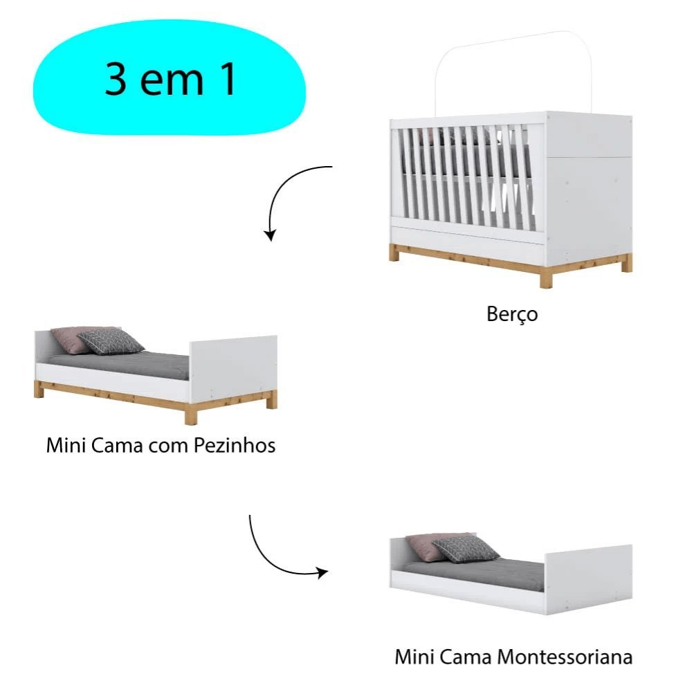 Berço Mini Cama Montessoriano 3 em 1 Alegria - Branco - 3