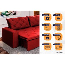 Sofá Cama Retrátil Reclinável 3,00m Bangkok Suede Velut Vermelho Molas no Assento - King House - 3
