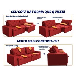 Sofá Cama Retrátil Reclinável 3,00m Bangkok Suede Velut Vermelho Molas no Assento - King House - 4