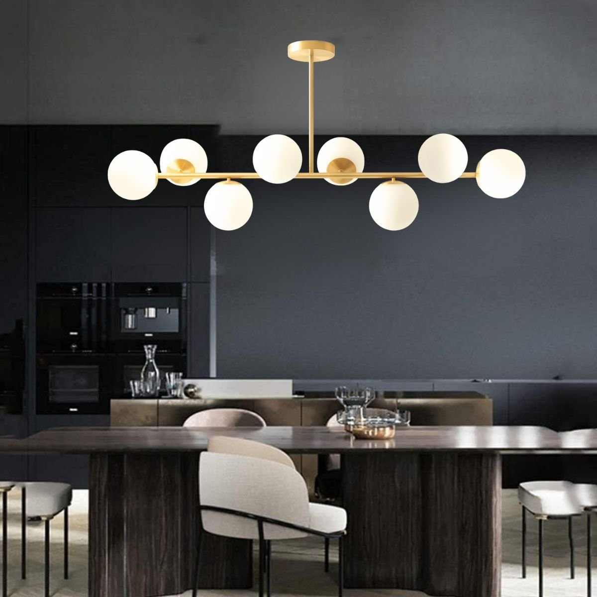 Ver mais imagens de Luminária Lustre 110cm Jabuticaba 8 Globos Vidro Dourada Pendente Teto Gimpo Kjdd-e-547-gold-milky-8