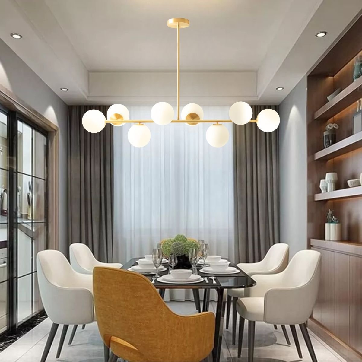 Ver imagem 3 de Luminária Lustre 110cm Jabuticaba 8 Globos Vidro Dourada Pendente Teto Gimpo Kjdd-e-547-gold-milky-8