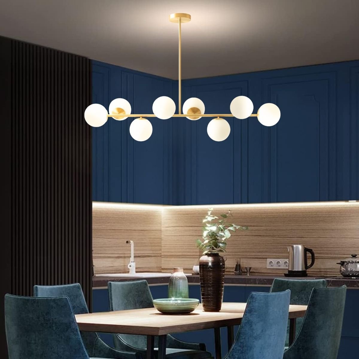 Luminária Lustre 110cm Jabuticaba 8 Globos Vidro Dourada Pendente Teto Gimpo Kjdd-e-547-gold-milky-8 - 5