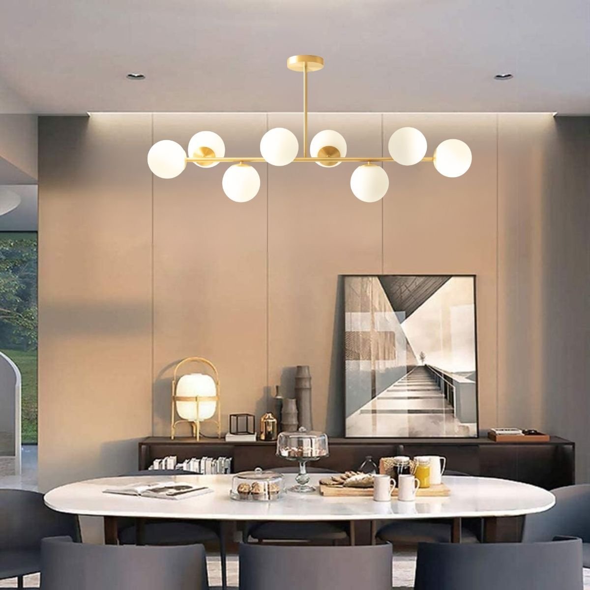 Ver imagem 7 de Luminária Lustre 110cm Jabuticaba 8 Globos Vidro Dourada Pendente Teto Gimpo Kjdd-e-547-gold-milky-8