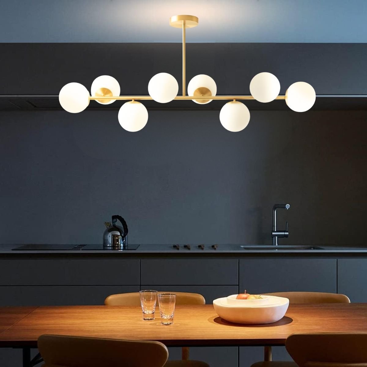 Luminária Lustre 110cm Jabuticaba 8 Globos Vidro Dourada Pendente Teto Gimpo Kjdd-e-547-gold-milky-8 - 6