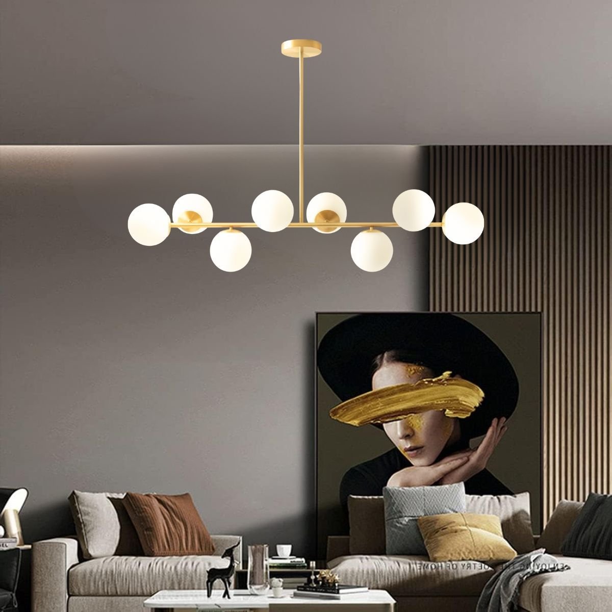Ver imagem 2 de Luminária Lustre 110cm Jabuticaba 8 Globos Vidro Dourada Pendente Teto Gimpo Kjdd-e-547-gold-milky-8