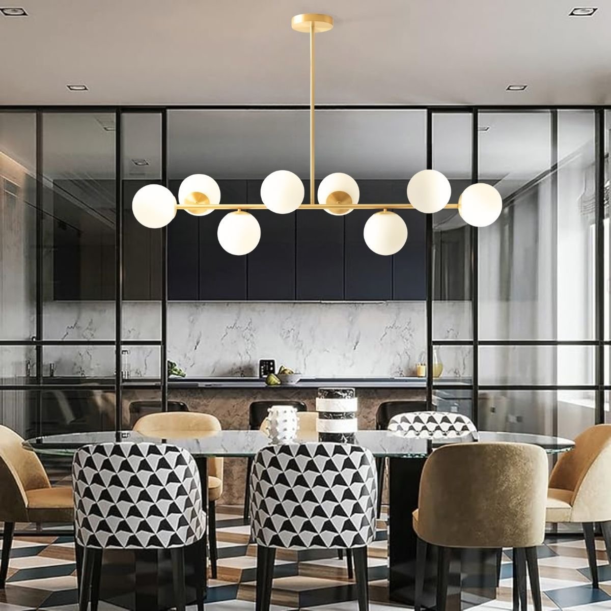 Ver imagem 4 de Luminária Lustre 110cm Jabuticaba 8 Globos Vidro Dourada Pendente Teto Gimpo Kjdd-e-547-gold-milky-8