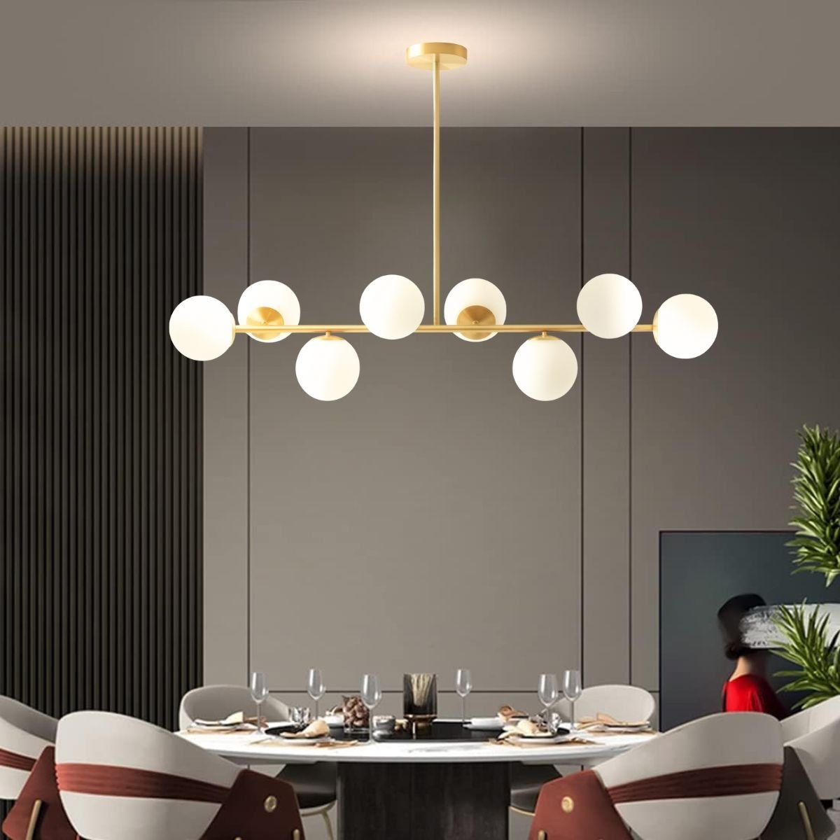 Luminária Lustre 110cm Jabuticaba 8 Globos Vidro Dourada Pendente Teto Gimpo Kjdd-e-547-gold-milky-8 - 9