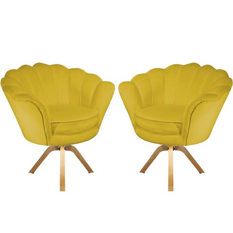 Kit 2 Poltronas Decorativa Pétala Base Giratória Madeira Couro Amarelo Mz Decor
