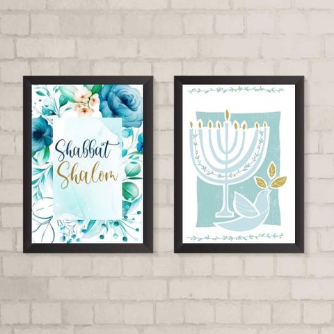 Kit 2 Quadros Decorativos Shabbat Shalom 24x18cm:Madeira branca