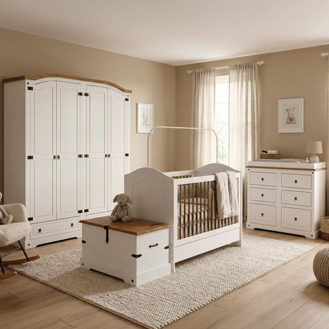 Quarto de Bebê Completo 100% MDF com Guarda Roupa Cômoda Berço e Baú Smile Bege Creme/Carvalho